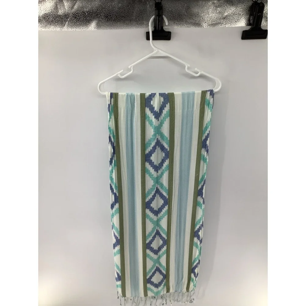 Ikat Diamond Stripe Scarf Teal Olive Blue Lightweight Fringe Wrap Boho Accessory